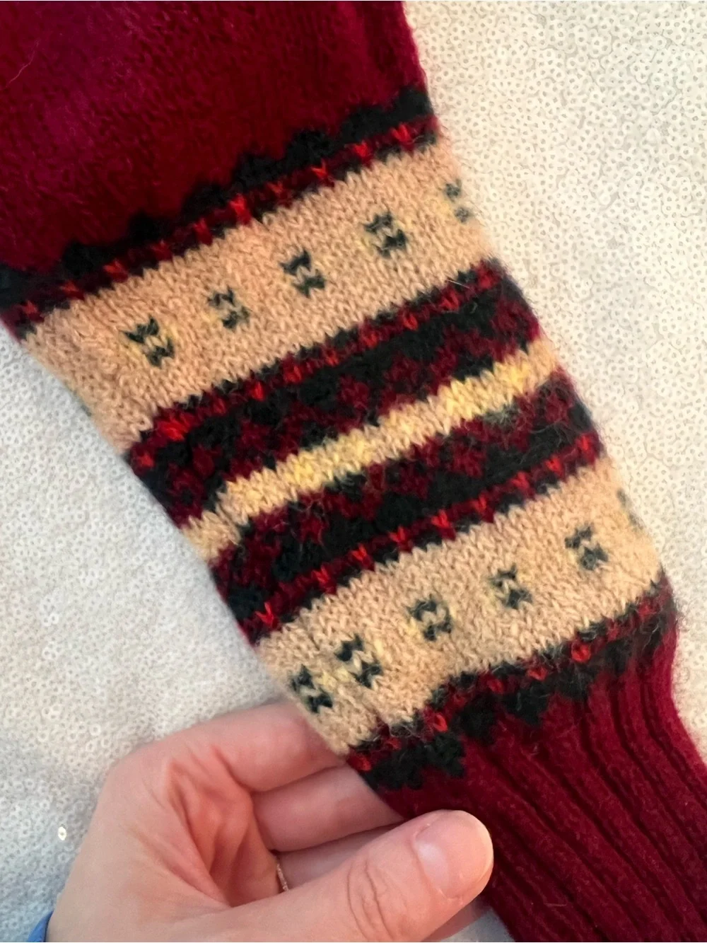 Vintage 1970s 1980s Shetland Wool Burgundy Fair Isle Sweater with Puff Sleeves